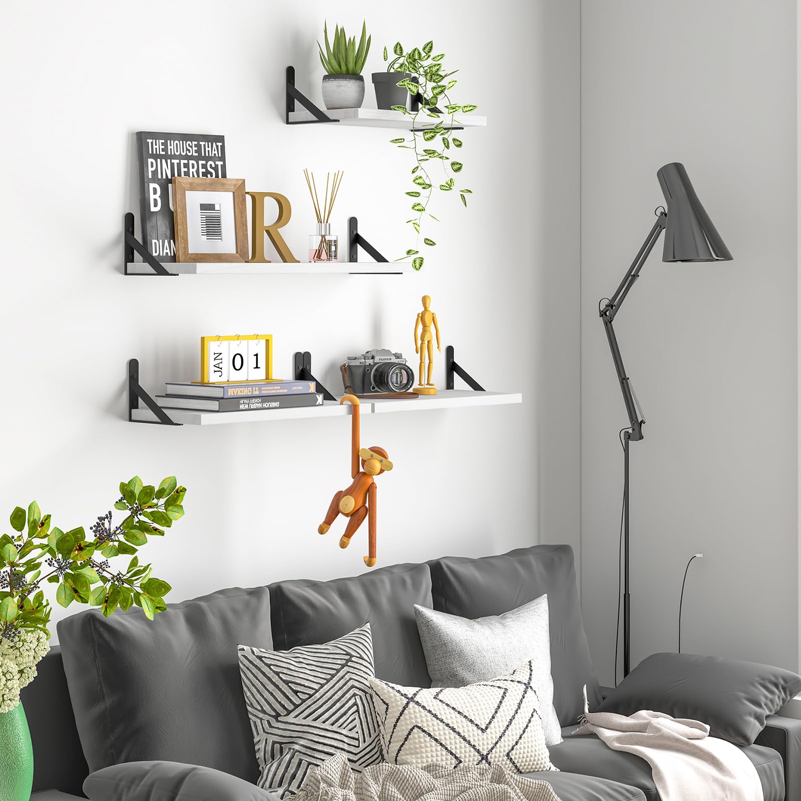 YGEOMER Floating Shelves, Rustic Wood Shelves, 4 Sets of Wall Mounted Shelf for Bathroom Decor, Bedroom, Living Room and Plants (White Wash)