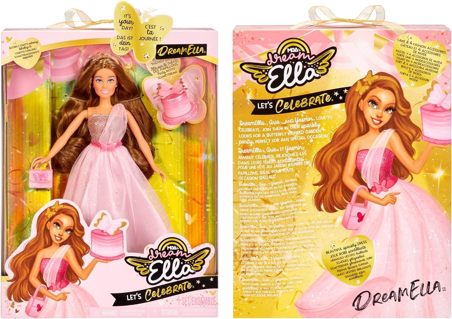 Dream Ella Let's Celebrate Doll DreamElla, Pink & Gold Glitter Butterfly Confetti Unboxing 11.5" Brunette Party Fashion Doll + 5 Accessories for Birthday, Graduation, Special Day