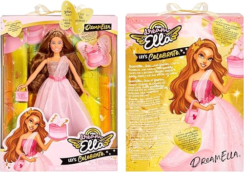 MGA Entertainment Dream Ella Let's Celebrate Doll DreamElla, confeti de mariposa rosa y dorado con purpurina para desembalaje de 11.5 pulgadas,