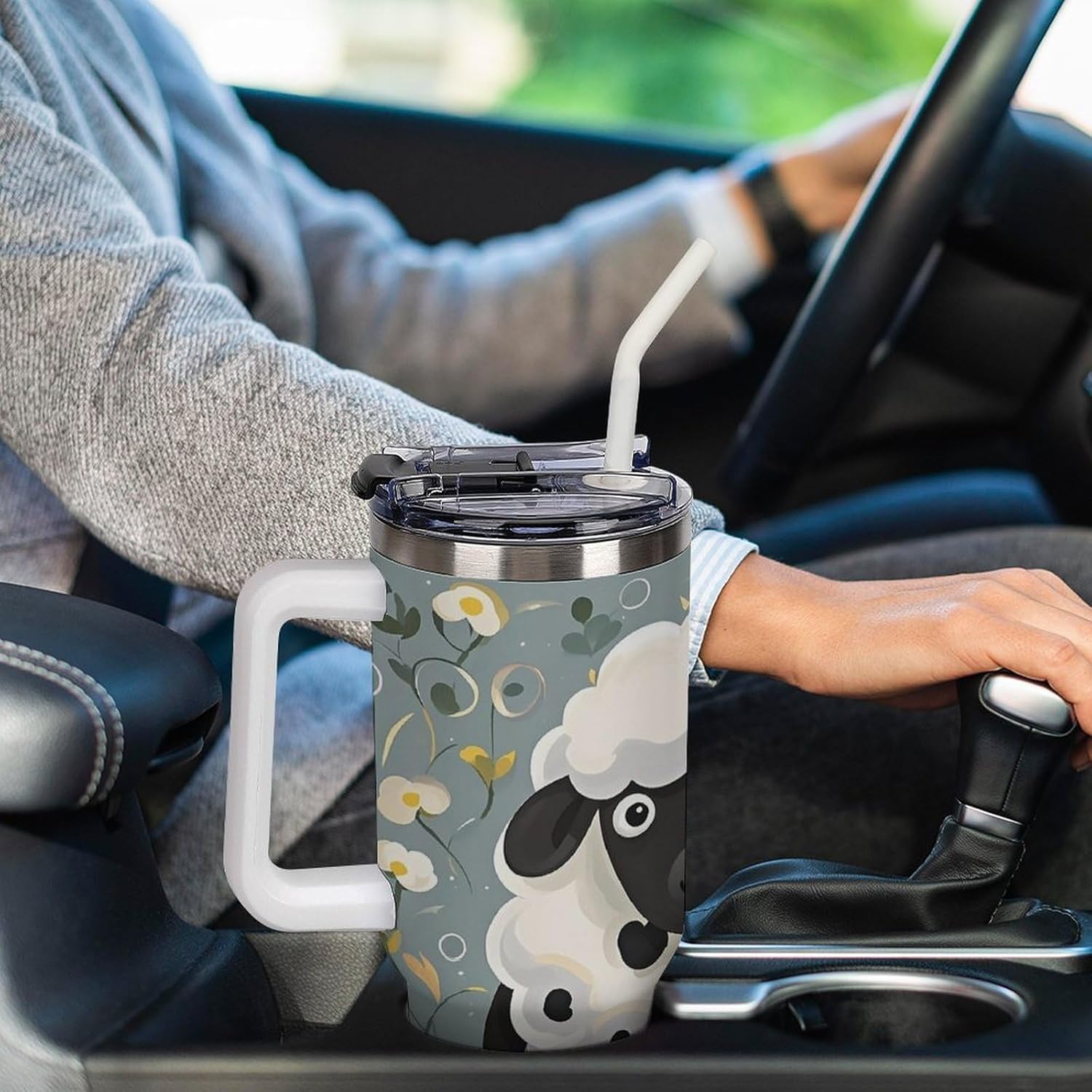 Cartoon Black White Sheep Tumbler 40 Oz with Handle&Lid Large Car Cup Stainless Steel Vacuum Travel Mug Insulated Water Bottle Leak-proof Portable Coffee Cup for Home Car Outdoor