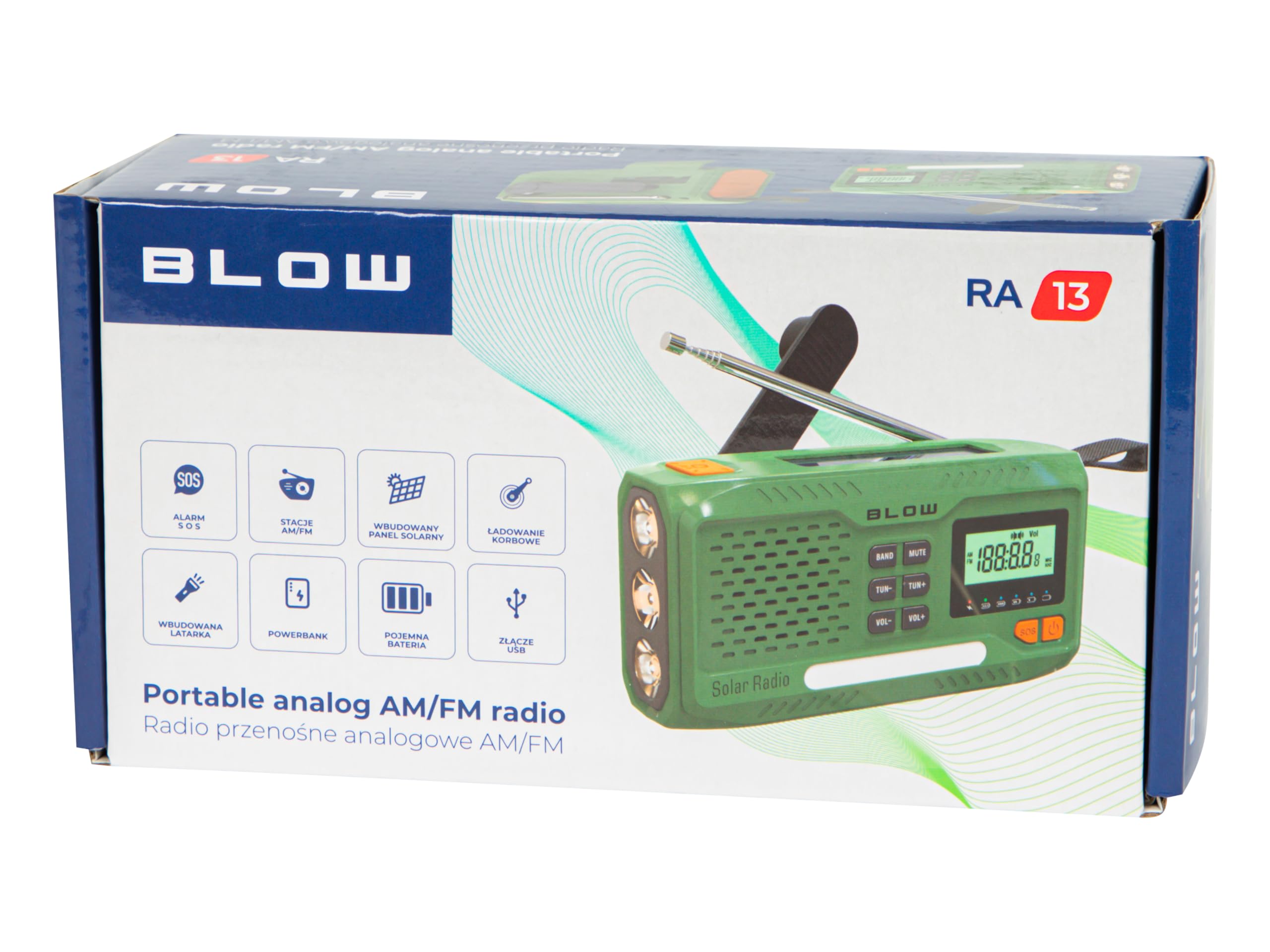 BLOW RADIO SOLARNE BUDOWLANE KEMPINGOWE AM/FM DYNAMO LATARKA POWERBANK USB SOS