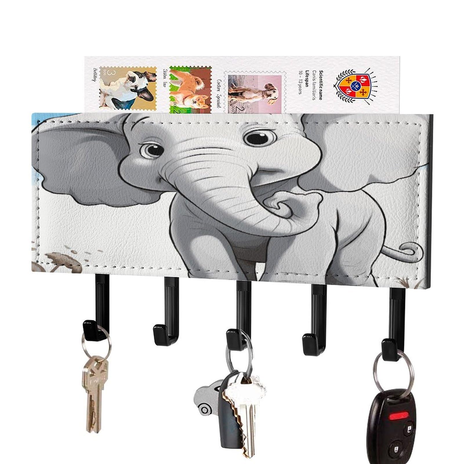 LDGSUPH White Elephant Key Holder Wall Mount Key Hanger with 5 Hooks Fashion Key Organizer Rack Hanging Key Hooks with Mail Organizer Key Rack for Home Entryway Hallway Black-Style