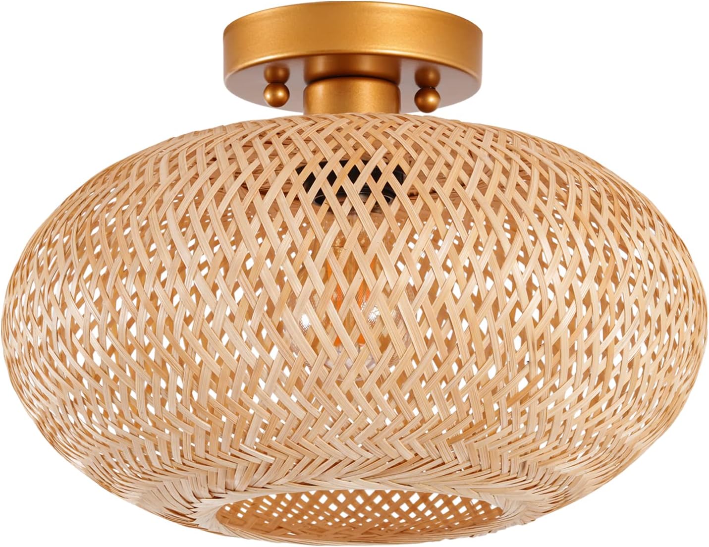 Rattan Flush Mount Ceiling Light, Woven Wicker Antique Brass Brush Paint Finish Globe Light Fixtures Ceiling for Entryway Bedroom Hallway Kitchen Corridor Passway