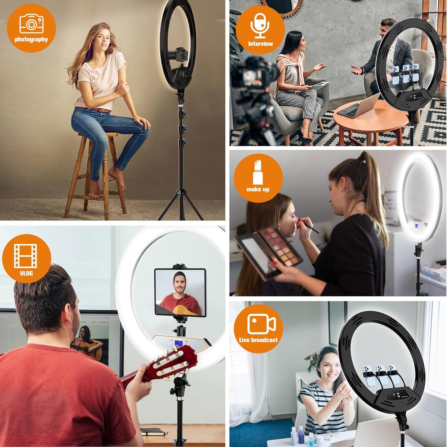 22-Zoll LED Ringlicht mit Stativ Dimmbar für iPhone/iPad mit Fernbedienung | 2600K-6500K Farbtemperatur, LCD-Display, Schwarz, Make-up, Selfie, Foto, YouTube, TikTok, Vlogging, Live-Stream, Tätowierer