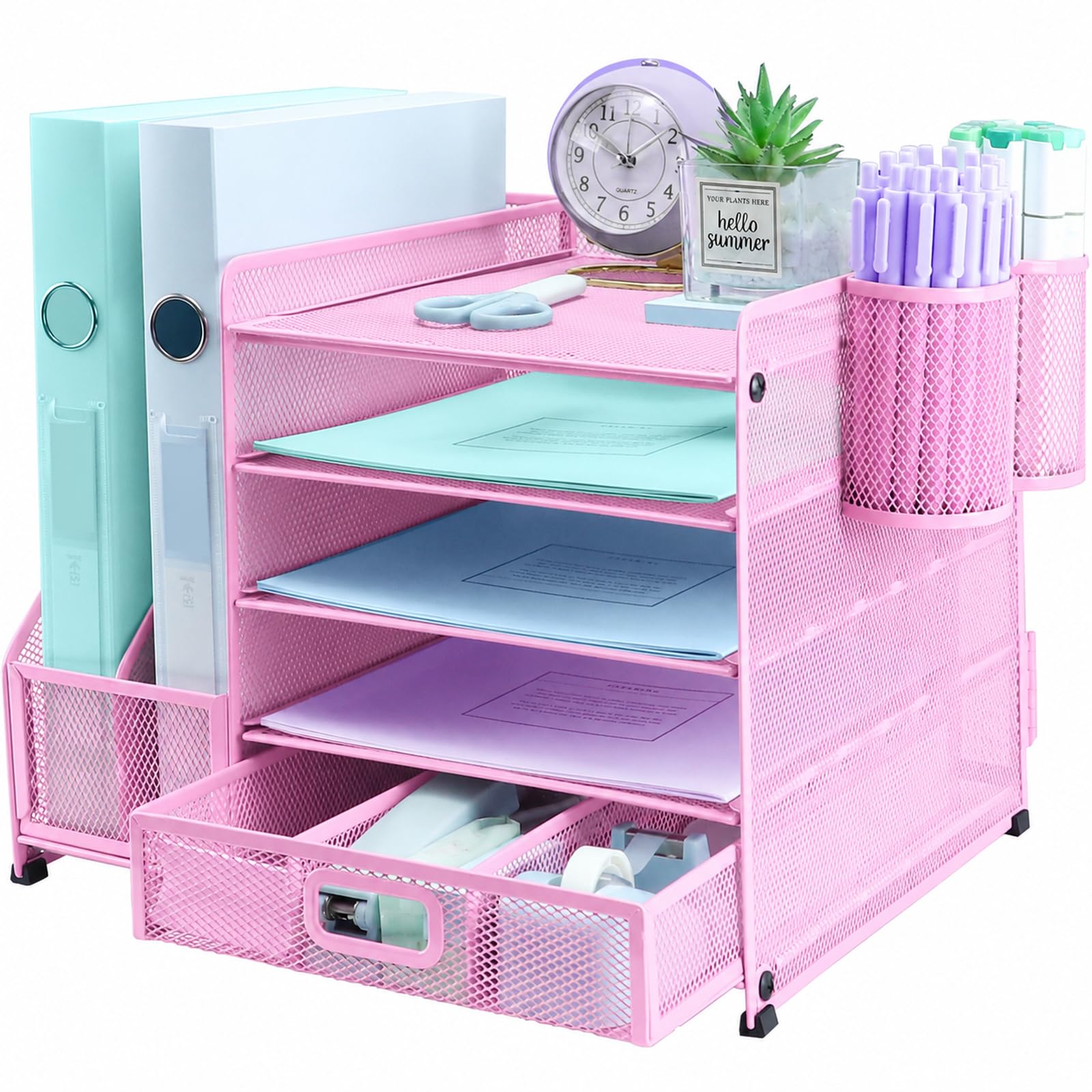 TSDRBWO Desk Organiser File Holder with 2 Pen Holder, 5 Tier Paper Letter Tray Organiser with Drawer,Mesh Desktop Storage with Magazine Holder for Office Supplies,Pink