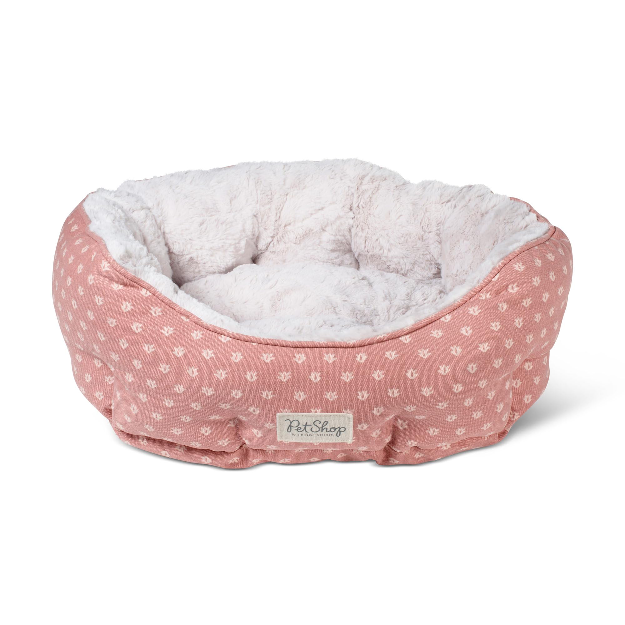 Petit lit rond pour chat Fringe Ditsy Block Dark Bush en coton et fausse fourrure