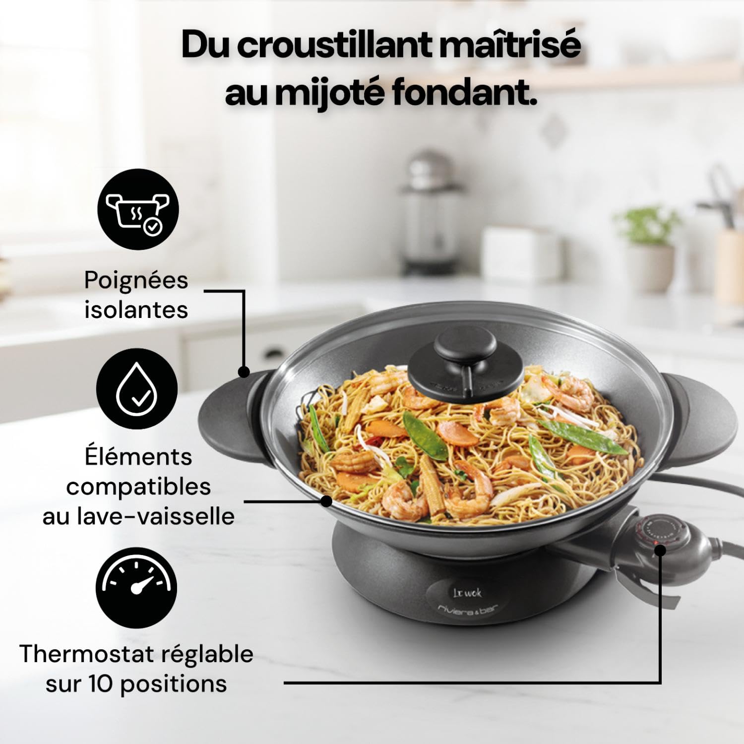 riviera&bar Wok Électrique Expert 5L - 2200W, Cuve en Fonte d'Aluminium, Couvercle en Verre, Thermostat Réglable 10 Positions - Idéal pour 8 Personnes - Accessoires Inclus - Nettoyage Facile