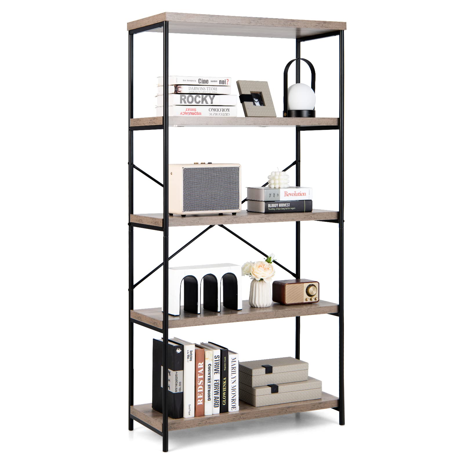COSTWAY 3/4/5-Tier Bookshelf, Wooden Storage Bookcase Ladder Shelving Unit with X-Shaped Bar, Freestanding Metal Frame Display Rack Plant Stand (Grey, 79 x 35 x 159 cm)