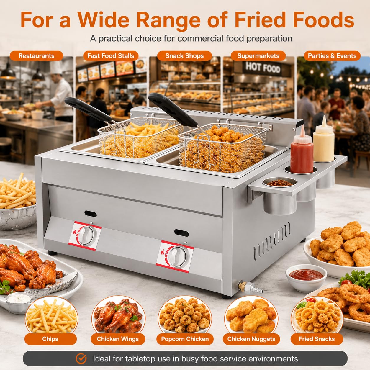 Friteuse à gaz double - 2 x 6 l - En acier inoxydable - Panier amovible - Contrôle de la température indépendant - Friteuse à graisse avec gobelet à épices - Pour usage commercial et privé