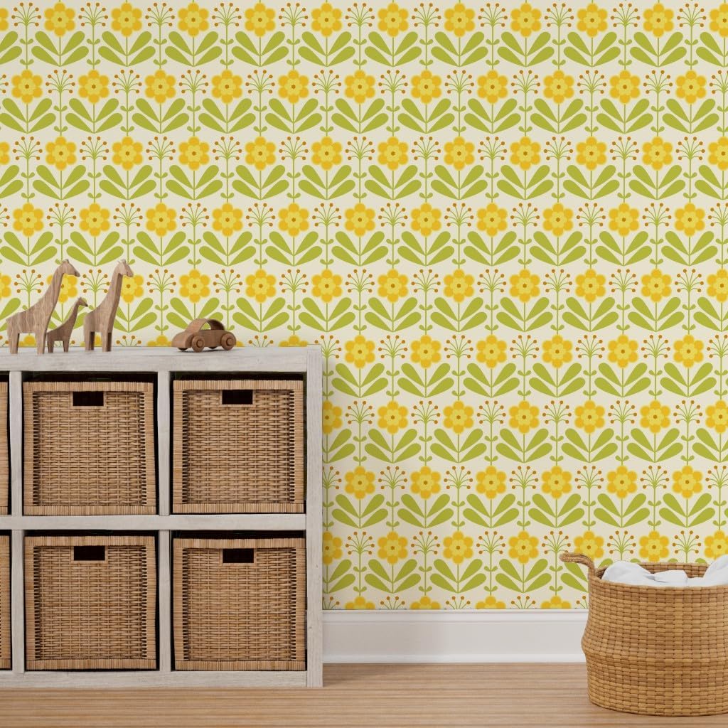 Removable Wallpaper 6ft x 2ft - Retro Groovy Floral MCM Mid Mod Flowers Yellow Sixties Seventies Hippie Vintage Midcentury Modern Custom Pre-Pasted Wallpaper by Spoonflower