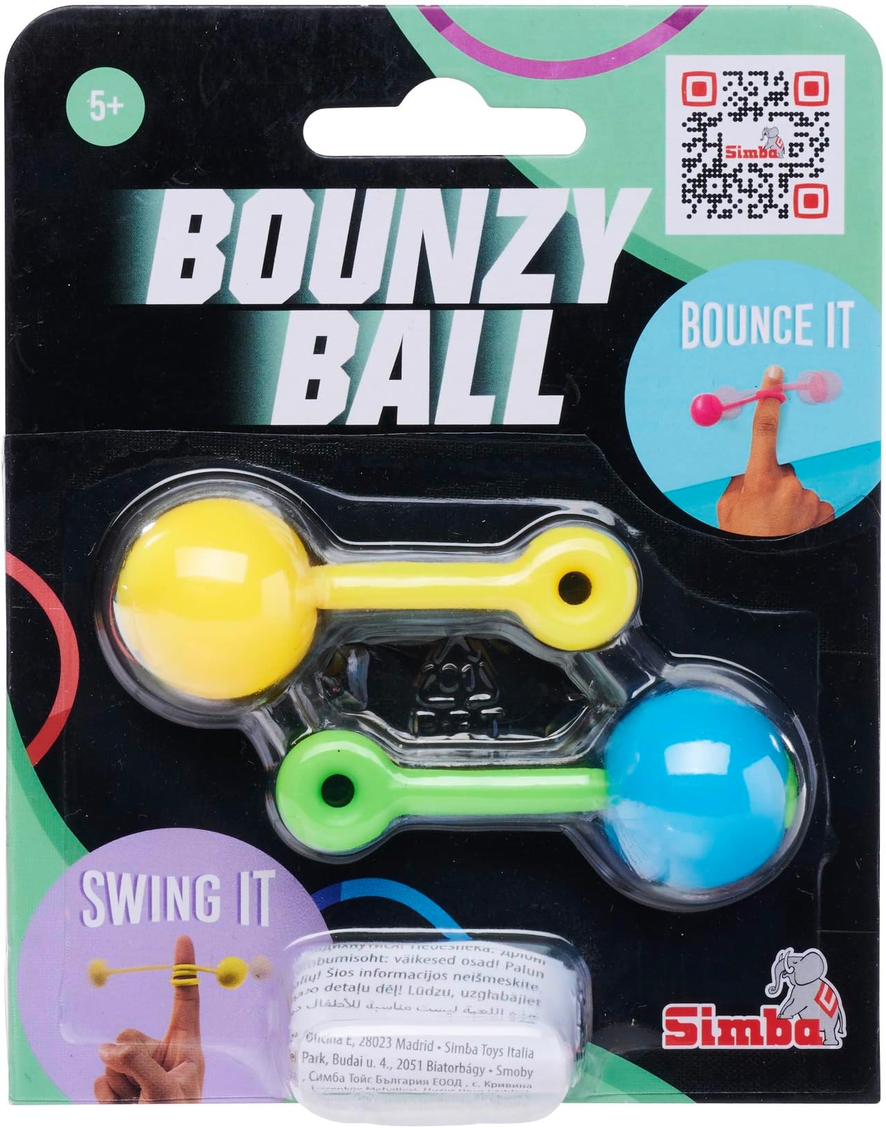 105952679 Bounzyball Double Pack, 3 Assorted Designs, Only One Item Delivered, Rubber Trickball with Rubber Cord and Finger Loop, Diameter: 2.5 cm, from 5 Years