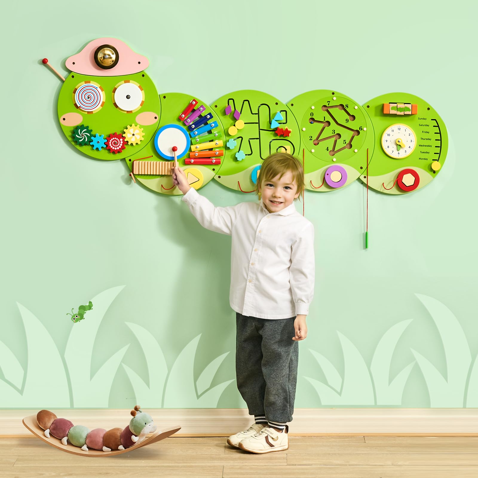 VEVOR Panneaux Muraux d'Activités Chenille, 12 Jeux, Jouet Mural Sensoriel Montessori pour Enfants 3-12 Ans, Centre d'Activités d'apprentissage, Salle de Jeux des Tout-Petits, Crèche, Salle de Classe