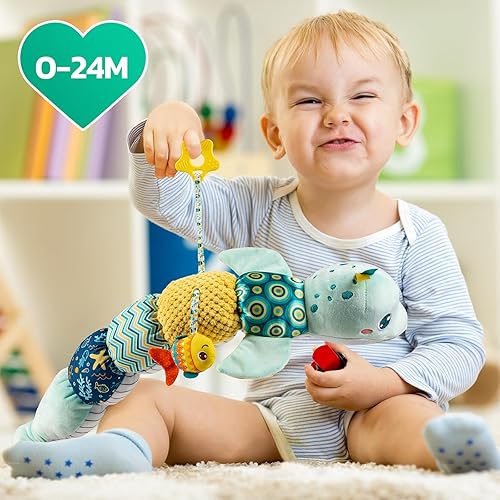 Miniatura 6 de TURKIDS Juguetes musicales de delfín para bebé, juguetes suaves de actividad de animales de peluche con arrugado multisensorial, sonajero y texturas