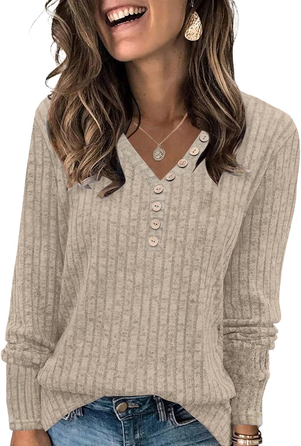 Womens Henley Knit Sweaters 2025 Fall Winter Deep V Neck Long Sleeve Button Pullover Casual Tops