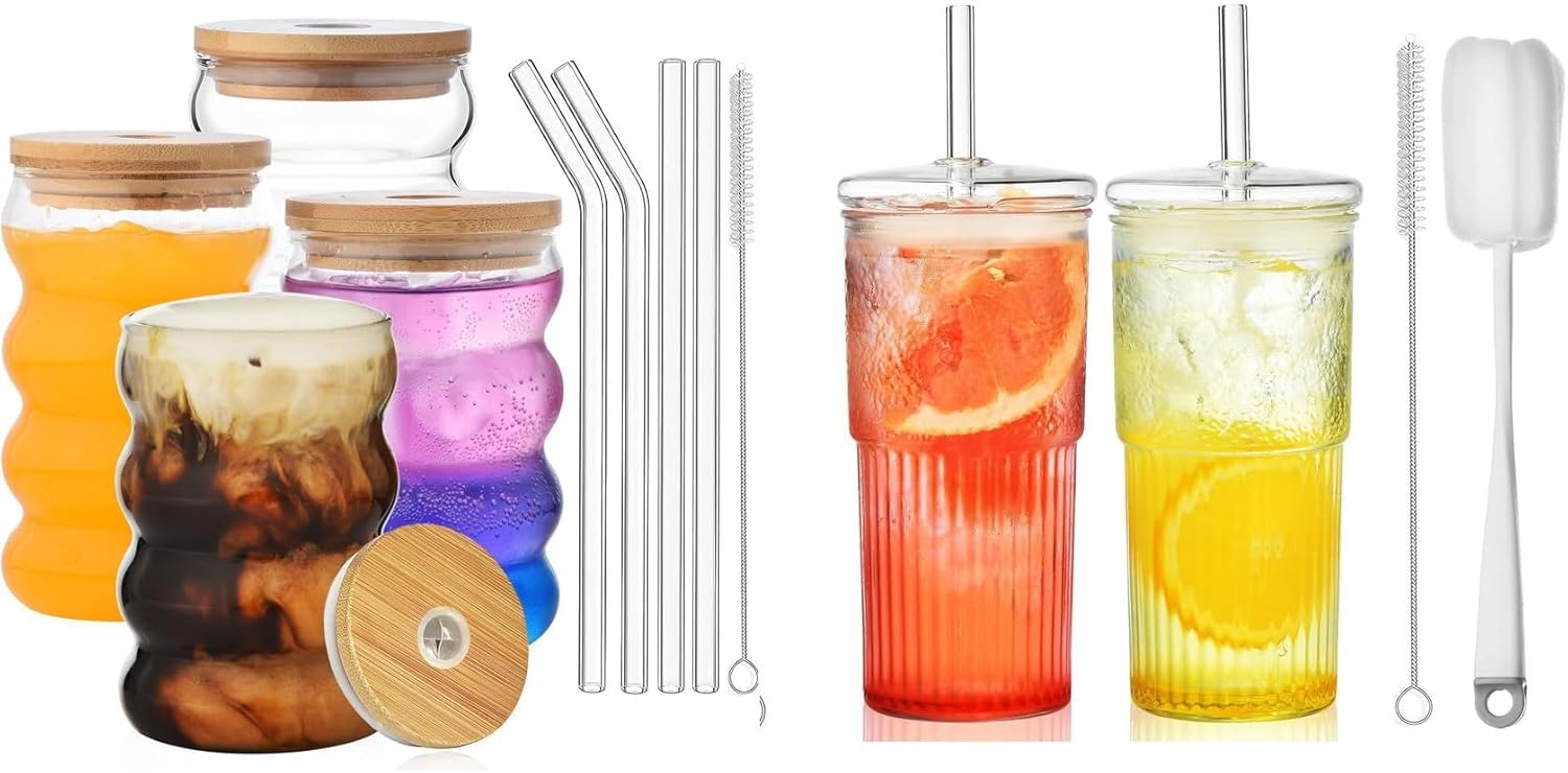 ALINK 16 oz Drinking Glasses with Lids and Straws Set of 4