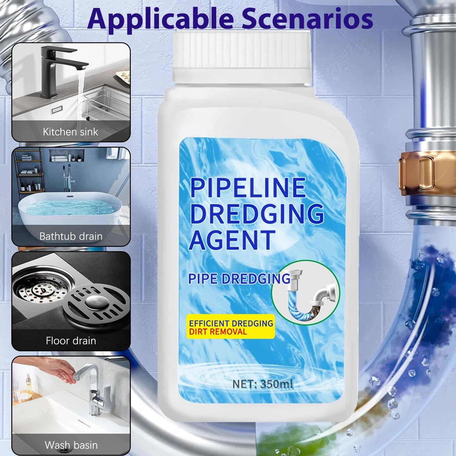 Pipeline Dredging Agent, Drain Clog Remover Agent, Powerful Pipe Dredging Agent, Sink and Drain Cleaner Powder for Kitchen, 350ml Kitchen Unblocker for Versatile Occasions (2)