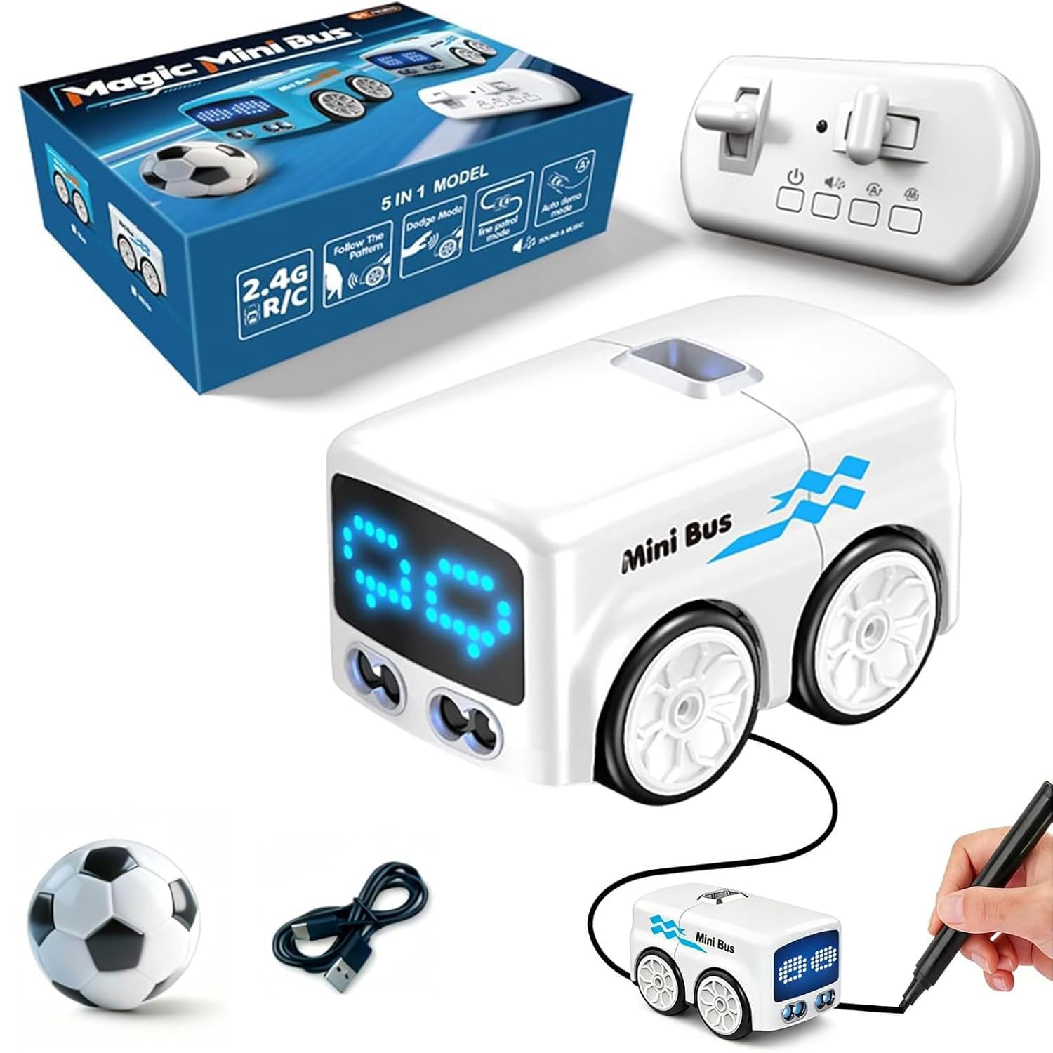 GUSHE Magic Mini Bus Spielzeug, RC-gesteuert mit Auto-Ausdrücken und 4 Spielmodi, Intelligentes Ferngesteuertes Auto mit Sensor, Automatische Vermeidung Patrouille Linie Fahren Spielzeug Auto (Weiß)