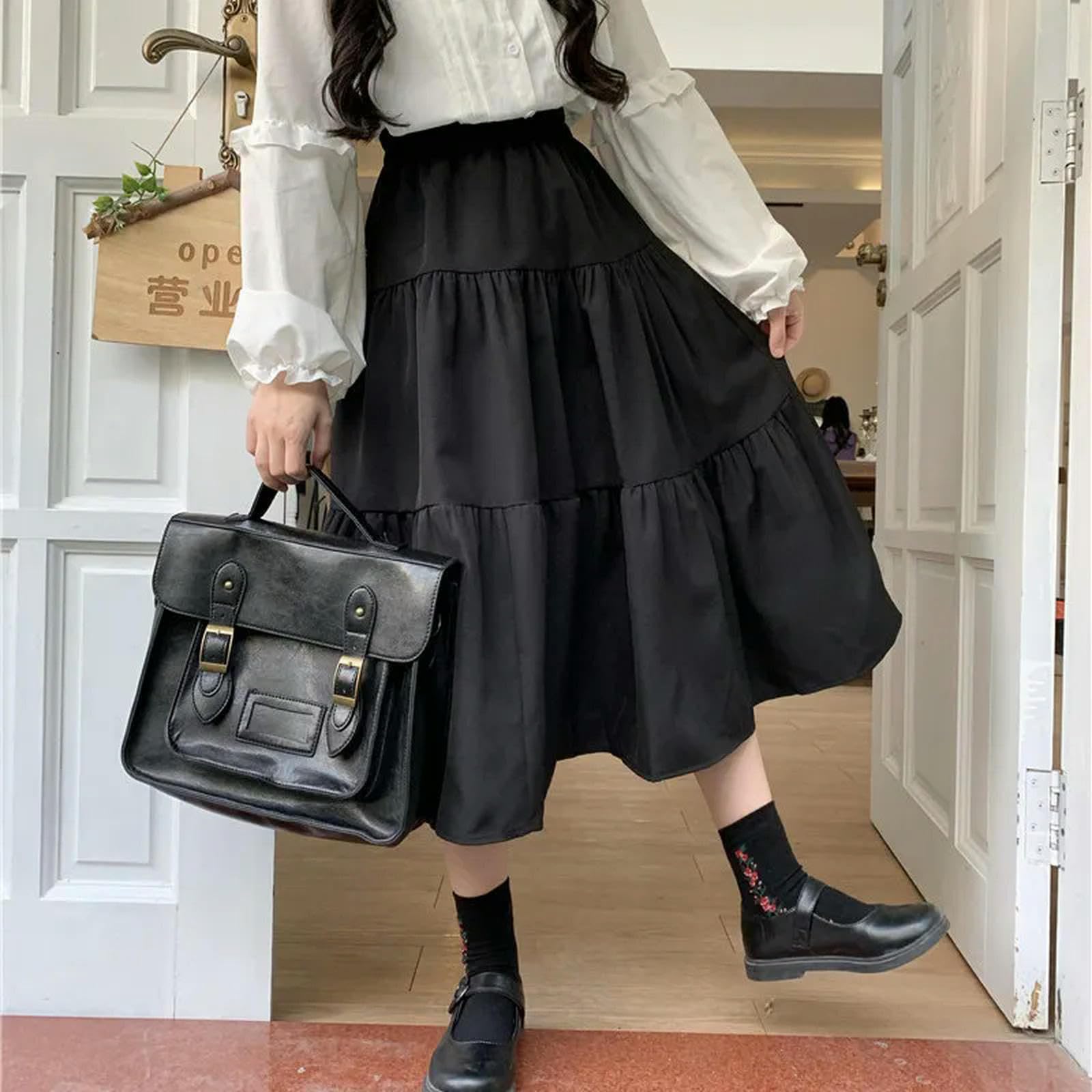 Falda Larga Negra para Mujer, Bonita Falda de Retazos, Cintura Alta, Suelta, Informal, Suave, para niña, Color Negro, L