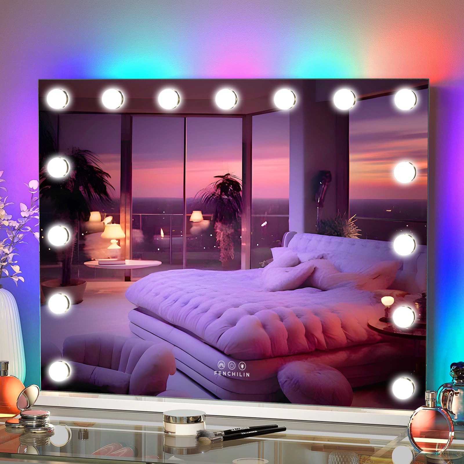 FENCHILIN Hollywood Espejo con RGB Espejo de Maquillaje con Iluminación con 15 Iluminación Regulable 3 Modos de Luz Espejo Hollywood con Iluminación 10x Aumento HD Vidrio Templado Blanco 58 cm x 46 cm