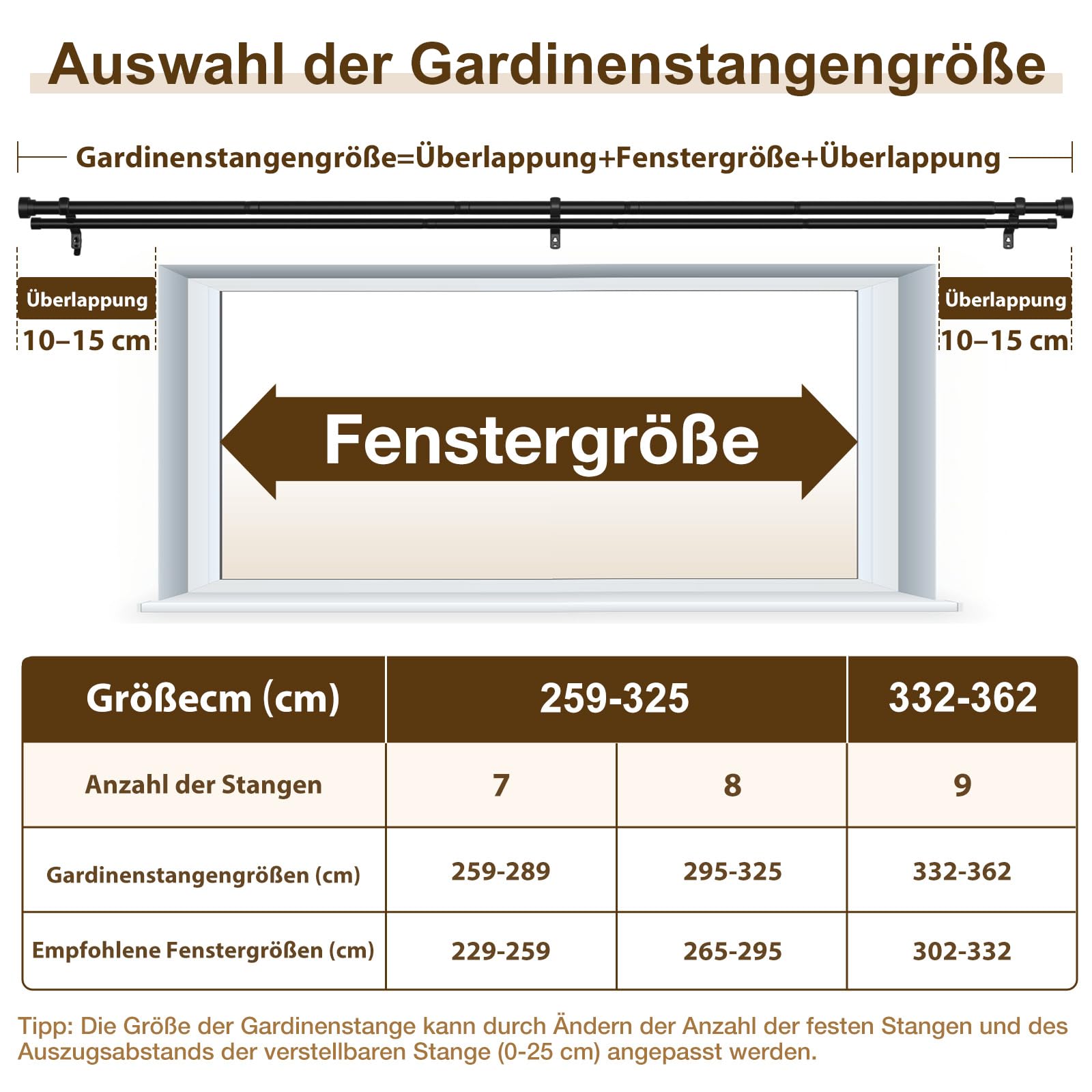 Bastone per tende a 2 binari, nero, 76-325 cm, diametro 25 mm