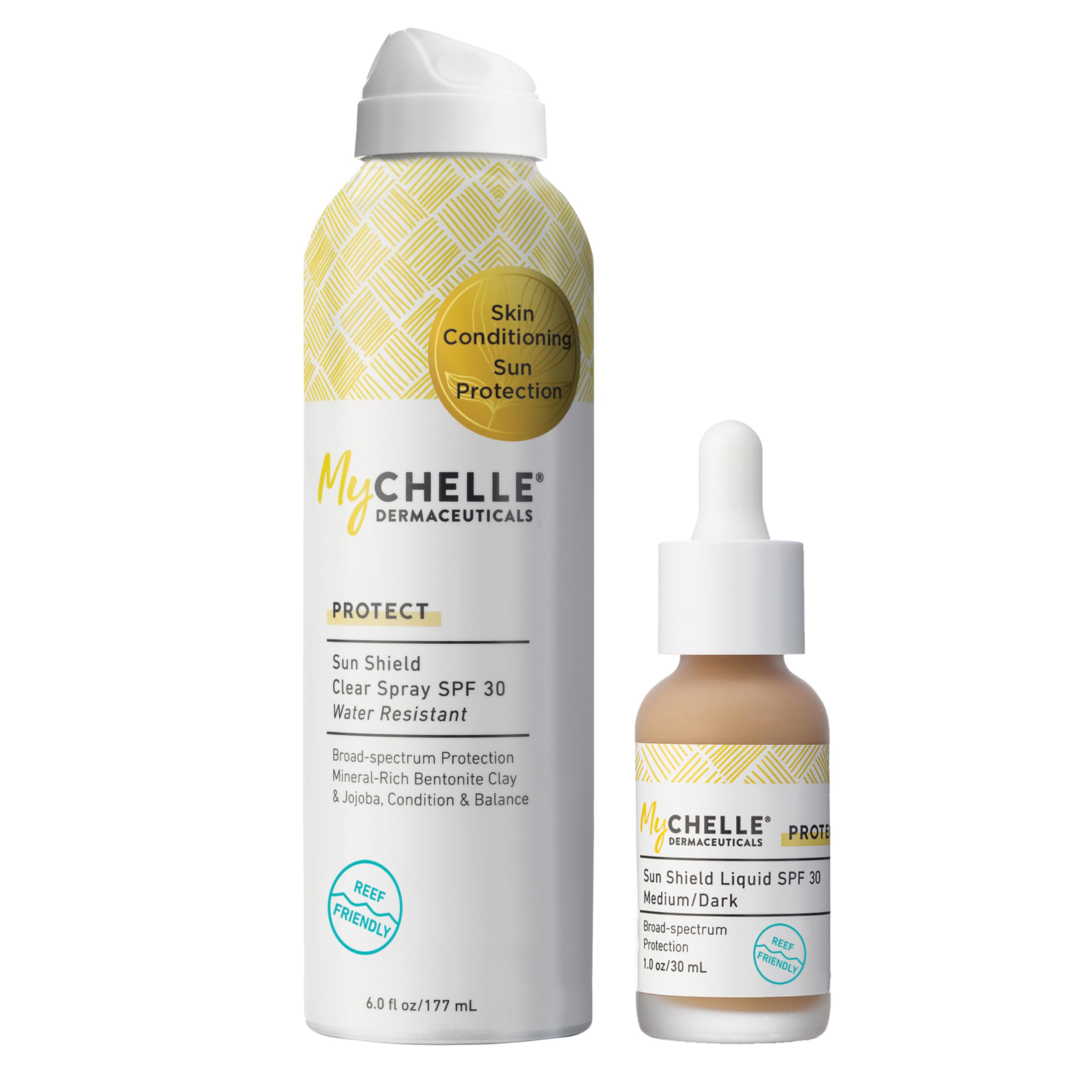 MyChelle Dermaceuticals SPF 30 Sun Shield Spray and Liquid Medium Dark Sunscreen for Face Reef Safe Pack of
