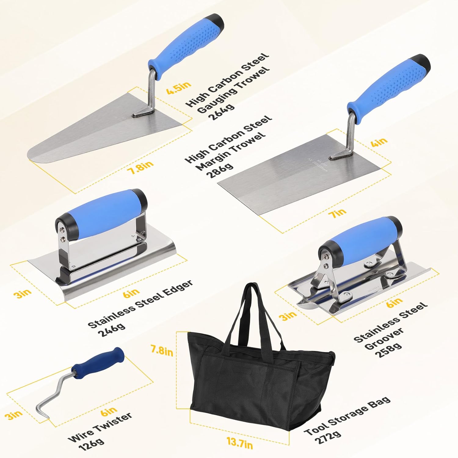 10pcs Concrete Trowel Tool Set,Professional Masonry Hand Tool Kit Includes Finishing Trowel,Pool Trowel,Wood Float,Gauging Trowel,Concrete Edger, Groover,Wire Twister Tool, Gloves and Tool Bag