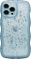 Vista 146 de Qokey para iPhone 14 Plus Funda de 6.7" con diseño de borde ondulado rizado, transparente, con purpurina, brillo, estrellas, brillante, lindo