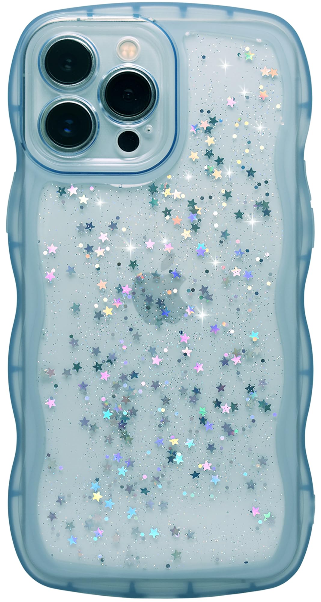 Qokey for iPhone 13 Pro Case 6.1" Curly Wave Edge Design Transparent Bling Glitter Star Shiny Cute Clear Transparent Full Protection Soft TPU