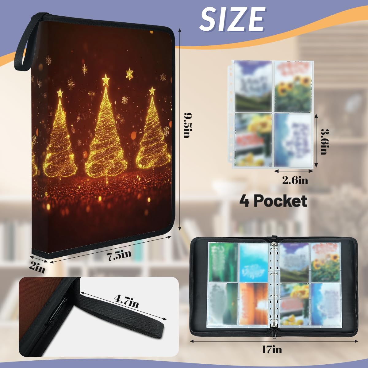 Classeur pour cartes à collectionner - 4 poches - Motif sapin de Noël - Doré - Avec pochettes amovibles - Étanche - Avec fermeture éclair - Capacité de 50 pages - 400 cartes