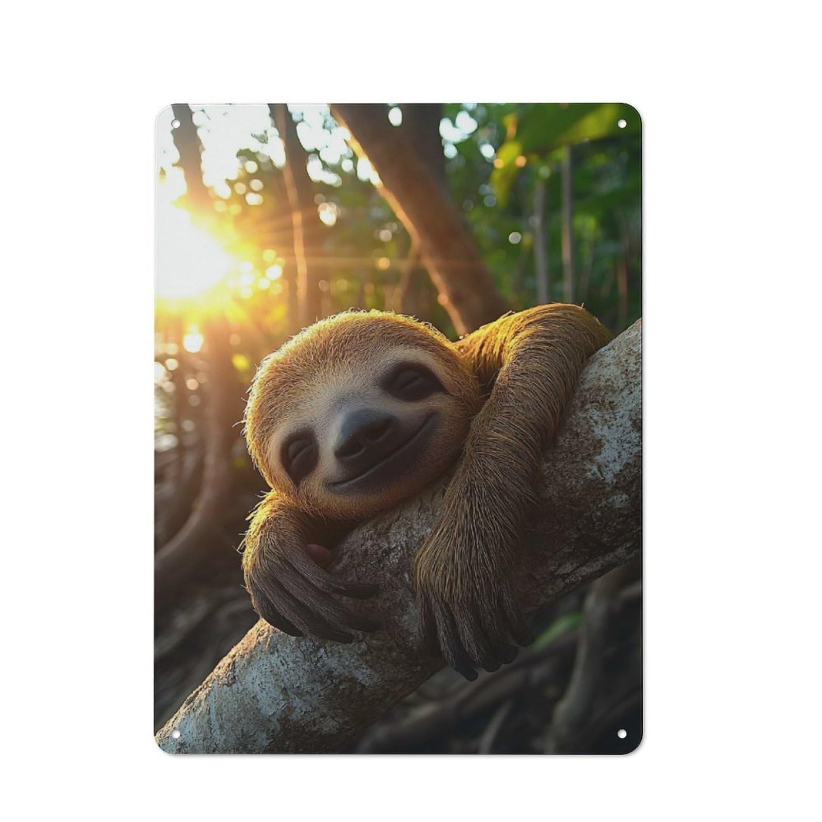 Modern Vintage Smiling Sloth on Branch in Sunlight Office Metal Sign 40x30cm, Creative Space Decor for Home Office, Reading Corner Or Bedroom