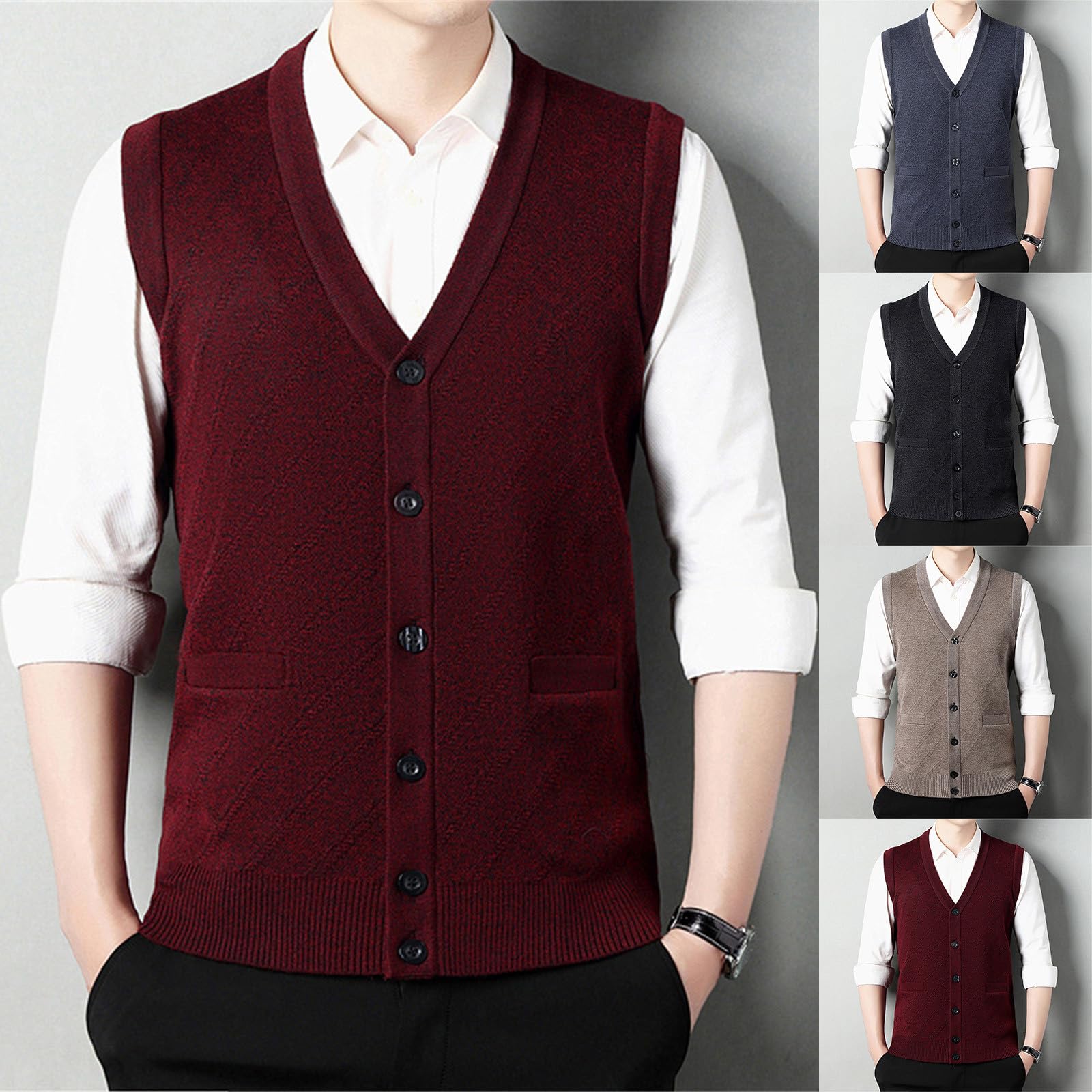 Generisch Chaleco de punto para hombre, sin mangas, patrón trenzado, mezcla de lana, chaleco sin mangas, suéter de punto, camisetas sin mangas, con botones, cómodo, clásico, cárdigan de punto grueso