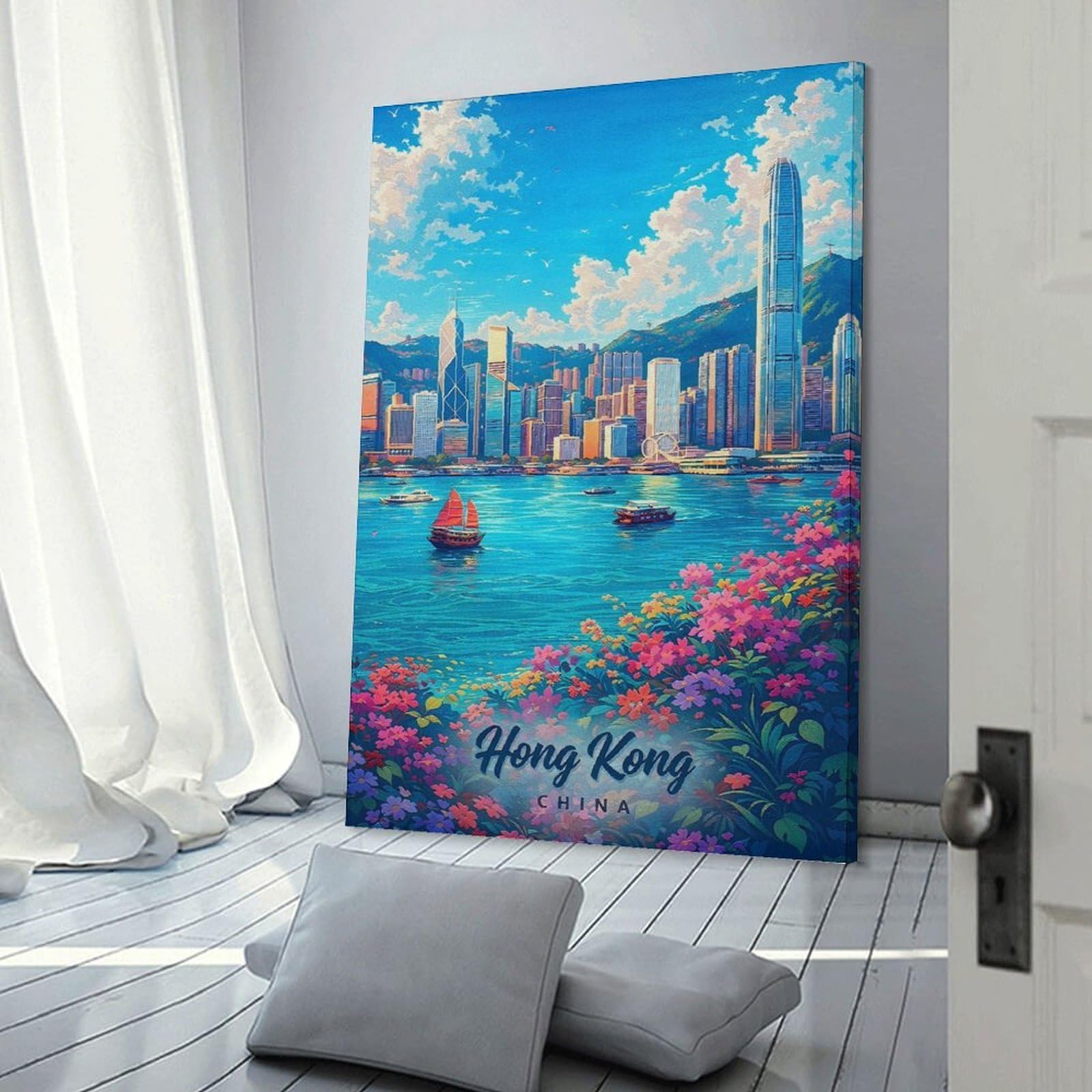 Junmoney Hong Kong Skyline with Flowers Hanging Wall Art 24x36inch(60x90cm), for Bedroom Walls, Guest Spaces Or Lounges, An Easy Wall Refresh for Bedrooms