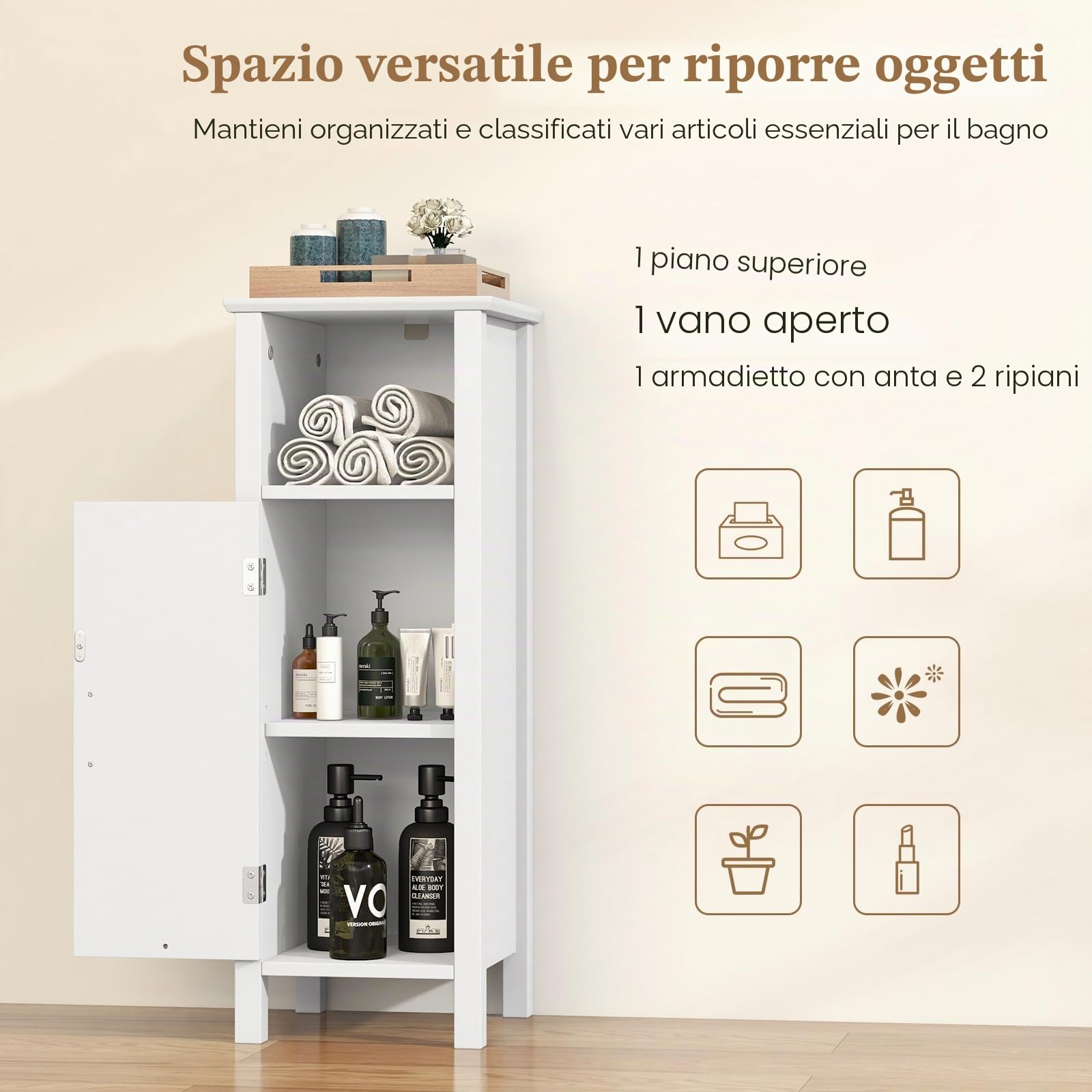 LIFEZEAL Mobile Bagno, in Legno, Mobiletto Bagno Salvaspazio, con Anta e Scomparto Aperto, Ripiano Regolabile, Armadietto Indipendente, 30x30x80 cm, Mobiletto Salvaspazio per Soggiorno (bianco)