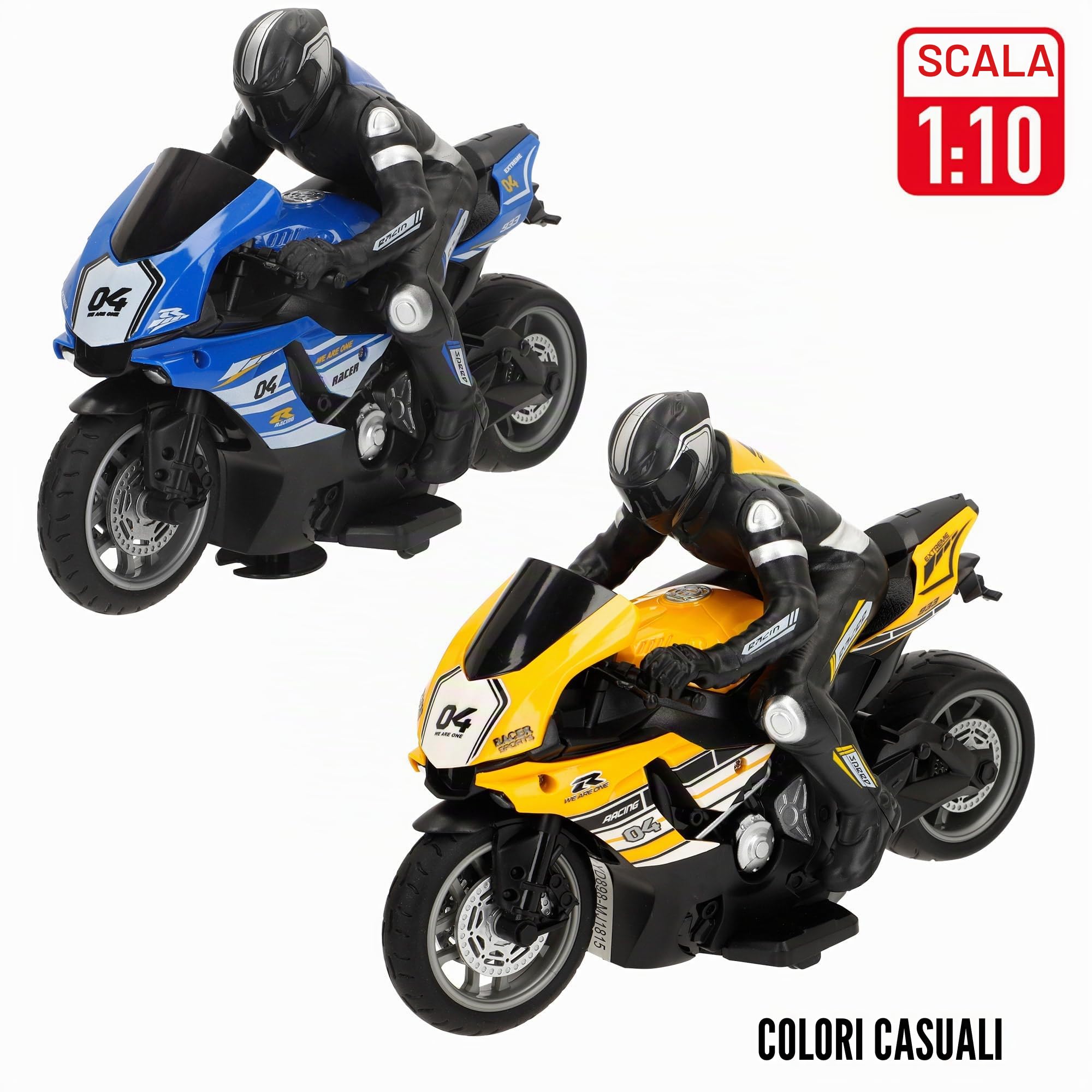 COLORBABY Speed & Go Moto radiocomandata, Pilota compreso, Giallo o blu, Scala 1:10, Velocità 8 km/h, Frequenza 2.4 GHz, Telecomando, Moto radiocomandate elettriche, Giocattoli bambini 6 anni (41364)