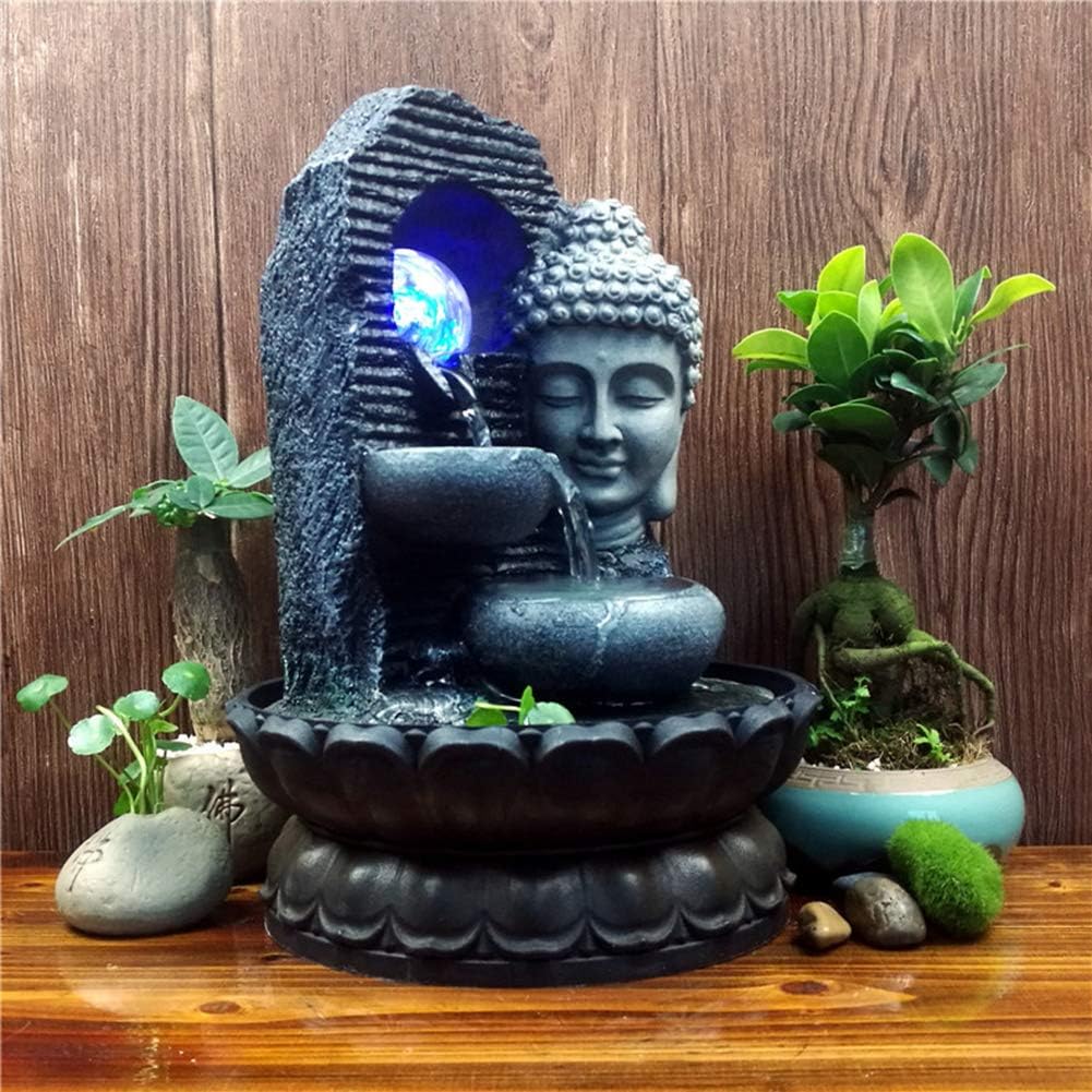 Tabletop Fountain,Tabletop Zen Fountain Buddha Water Decoration Water Fountain Resin Craft Gifts Tabletop Decorative Business Gifts Zen Desktop Fountain-Gray 11inch