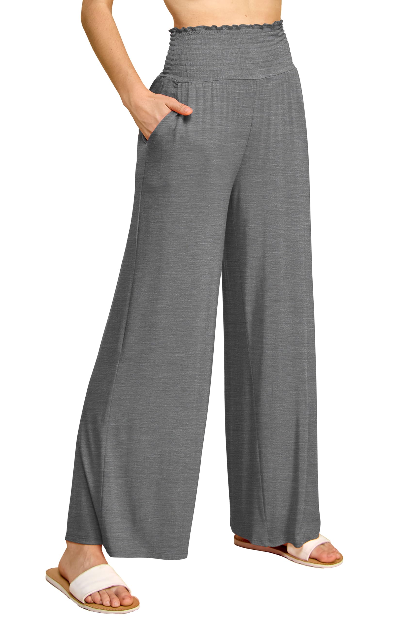 Made By Johnny Womens Elastic High Waisted Palazzo Pants Casual Wide Leg Long Lounge Pant Trousers with Pocket