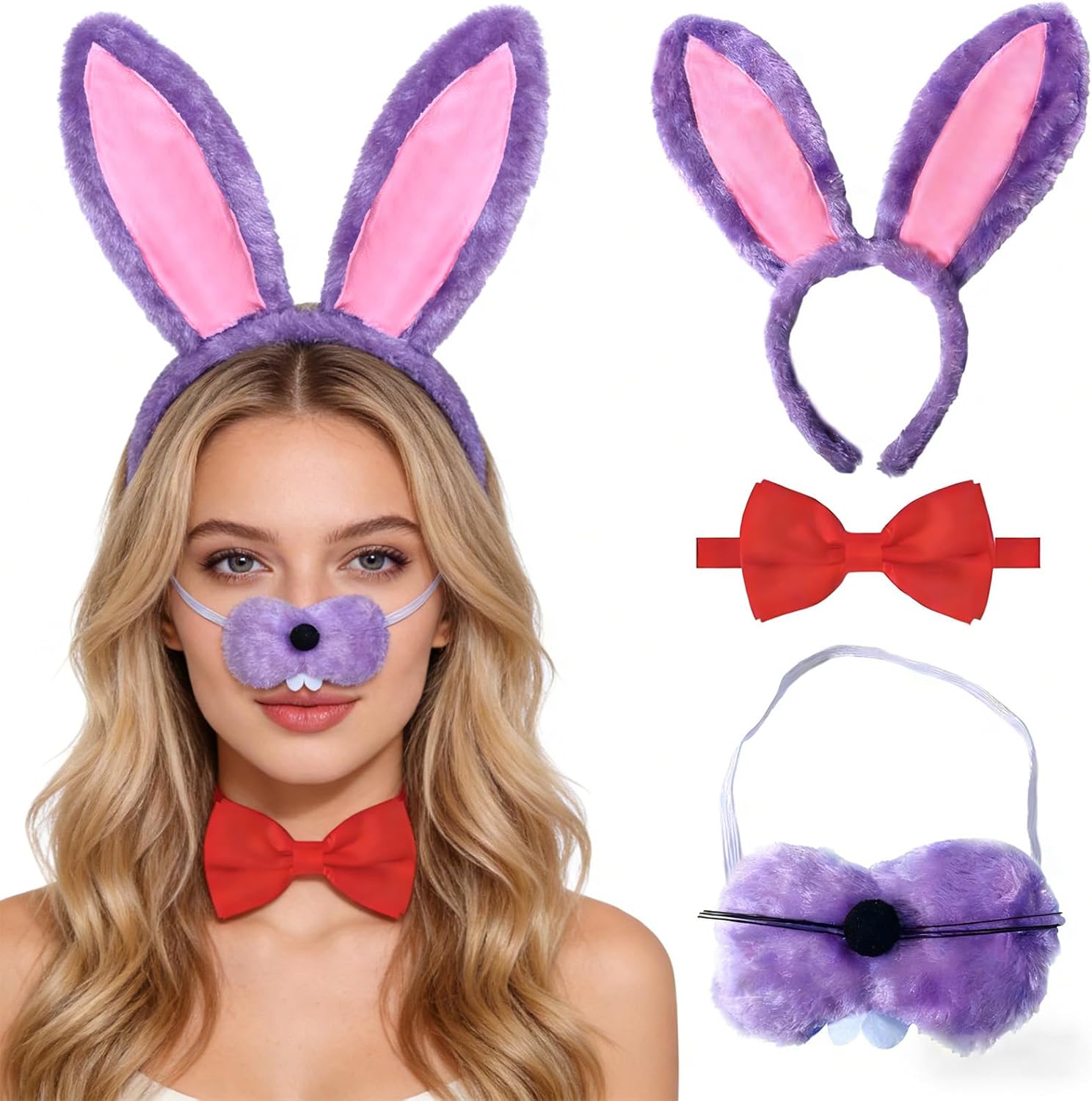 3PCS Bunny Costume Accessories Set Purple Rabbit Bunny Ears Headband Red Bow Tie Nose for Easter Cosplay Movie Dress Up Party