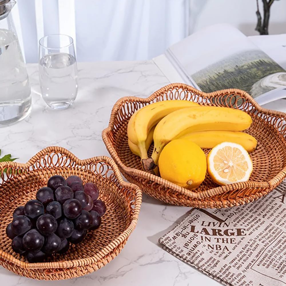 Hand-Woven Storage Basket Rattan Storage Tray Wicker Baskets Bread Fruit Food Breakfast Display Container Box Handicrafts Home Decoration (Set of 2 Pack)