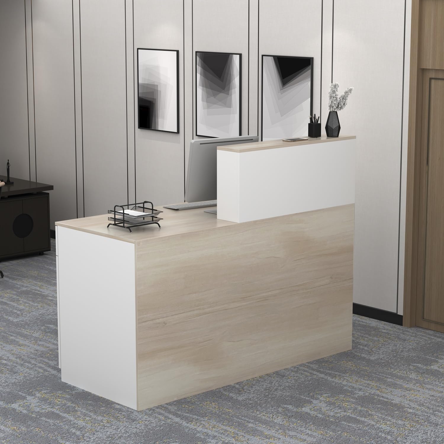 Mostrador de Recepción Grande Con Compartimentos Abiertos - Mesa de Recepción, Muebles de Oficina, Color Madera y Blanco