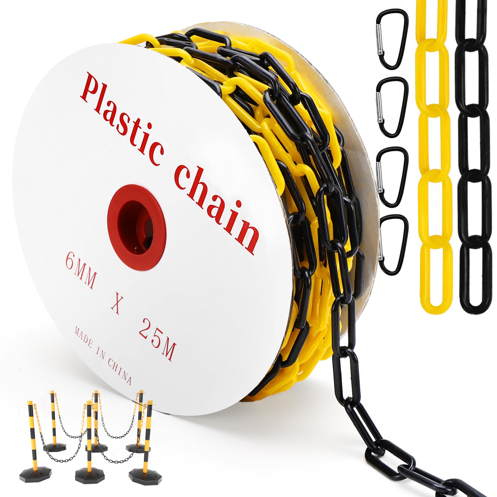 Erzekrim Absperrkette Warnkette Plastikkette Gelb Schwarz Kunststoff Kette 6mm Stärke Absperrkette Kunststoff mit 4 Karabinern für Baustelle,Parkplatz,Warteschlangen,Kunststoffkette (25M,Schwarz Gelb)