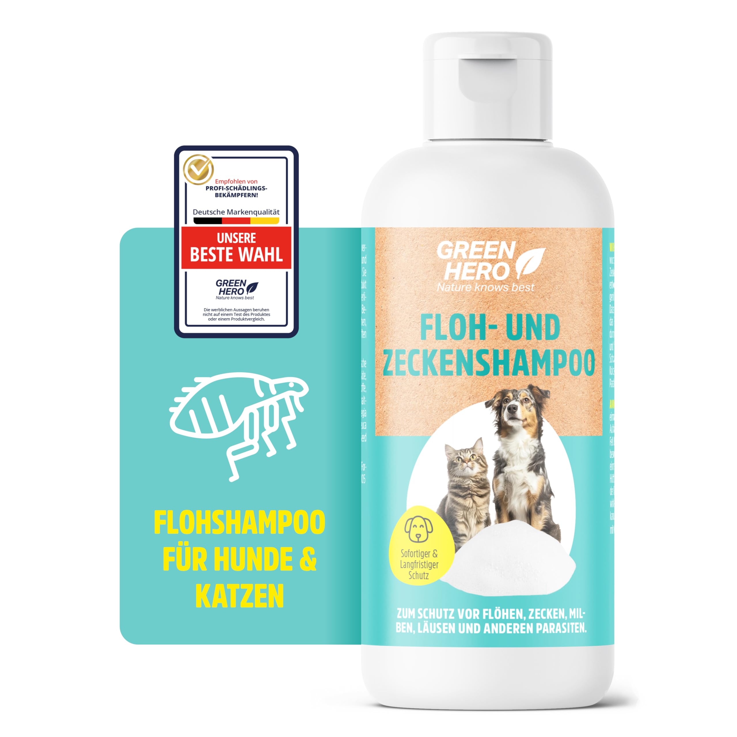 Green Hero Flohshampoo und Zeckenshampoo für Hund & Katze 250 ml | Schützt vor Flöhen, Zecken, Milben, Läusen | Hundeshampoo & Katzenshampoo ohne Silikone, Parabene & Mikroplastik