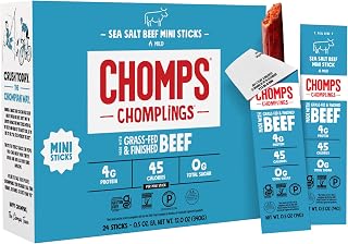 Chomps Sea Salt Grass-Fed Beef Jerky Mini Sticks 0.5oz 24-Pack - Keto Paleo Whole30 Zero Sugar 4g Protein Gluten-Free Snacks