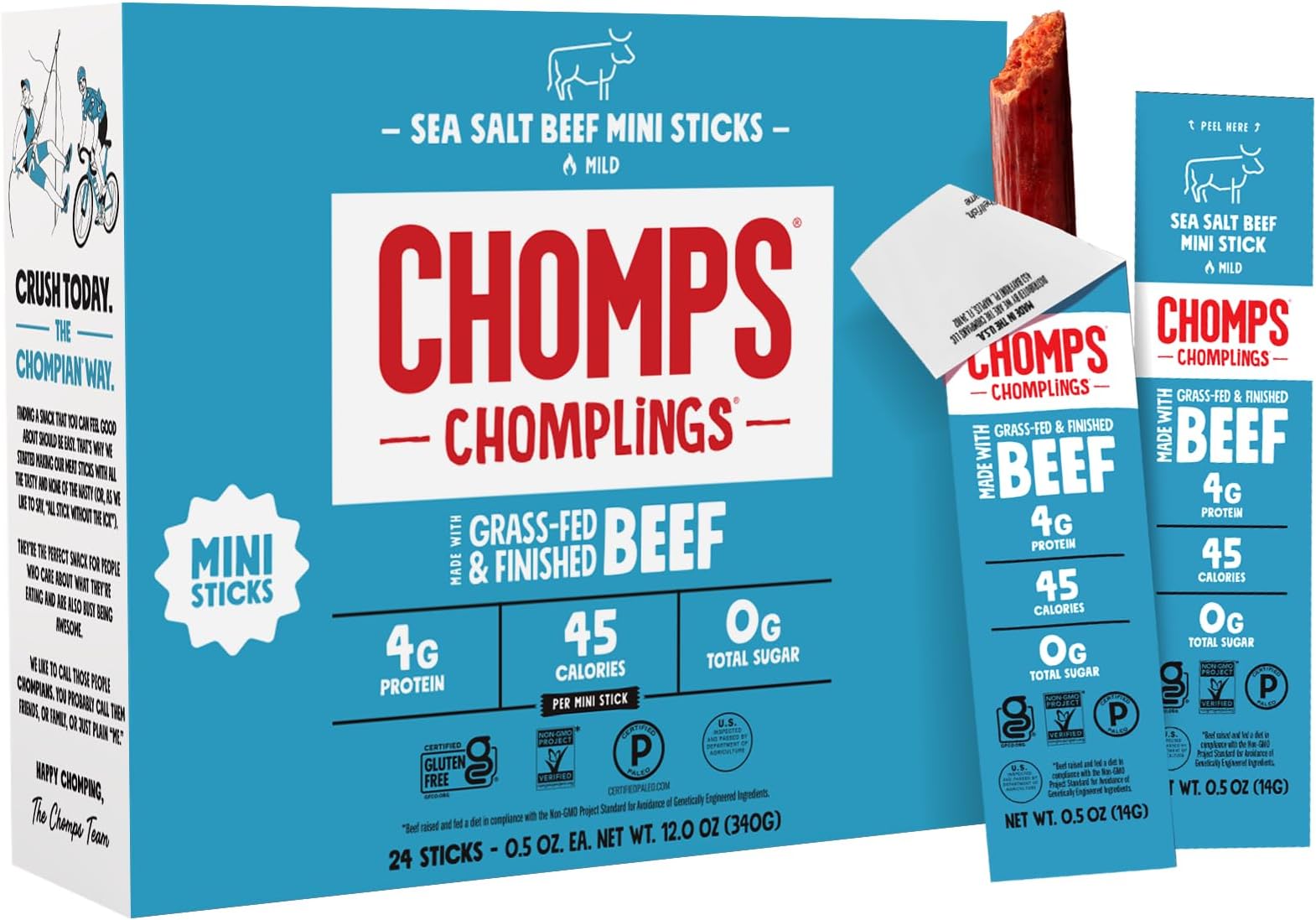 Chomps Snack Size Grass-Fed and Finished Sea Salt Beef Jerky Snack Sticks 0.5oz 24-Pack - Keto, Paleo, Whole30, 4g Lean Meat Protein, Gluten-Free, Zero Sugar Food, Non-GMO Chomplings