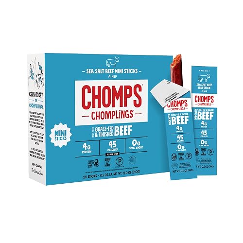 Chomps Snack Size Grass-Fed and Finished Sea Salt Beef Jerky Snack Sticks 0.5oz 24-Pack - Keto, Paleo, Whole30, 4g Lean Meat Protein, Gluten-Free, Zero Sugar Food, Non-GMO Chomplings - Sea Salt Beef