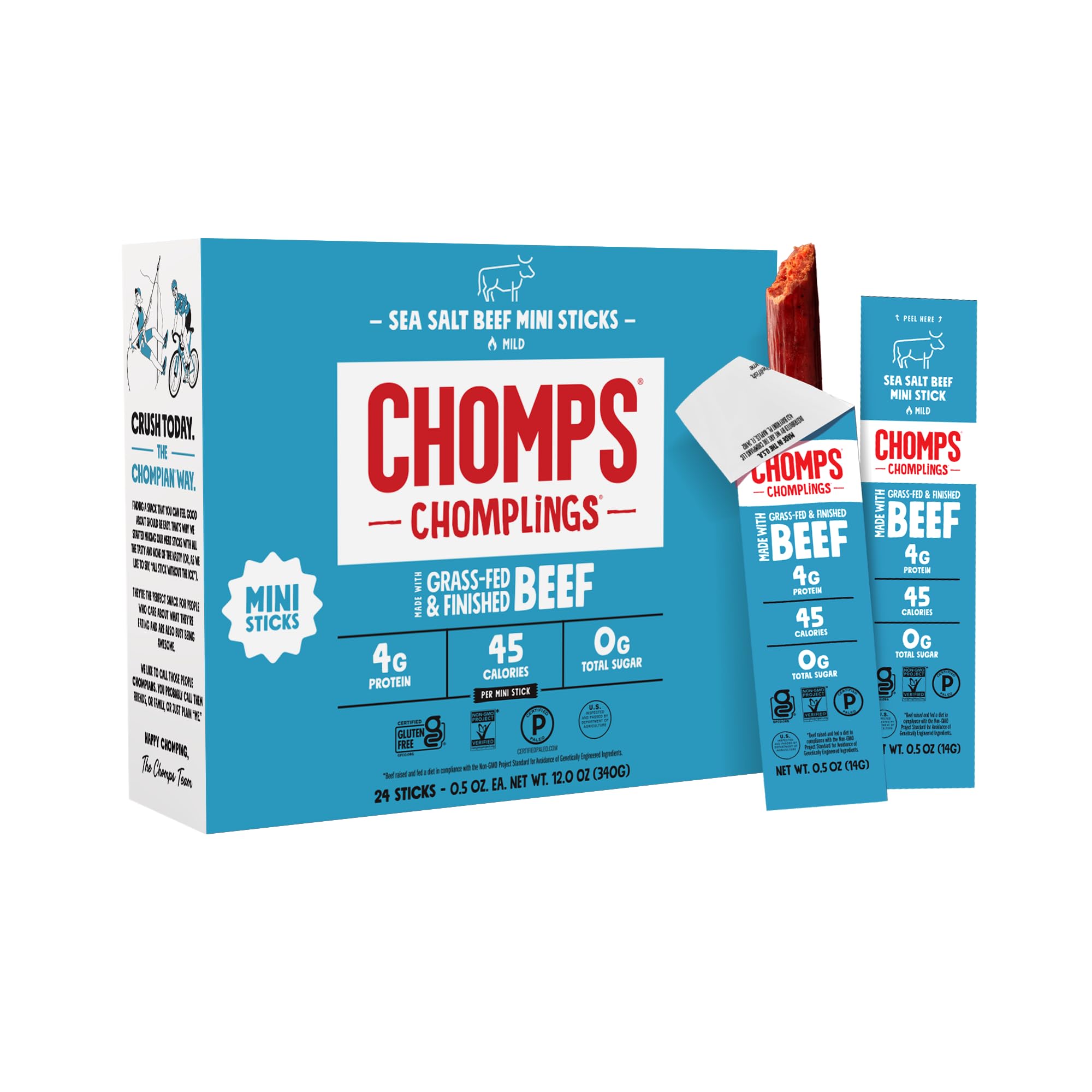 Chomps Snack Size Grass-Fed and Finished Sea Salt Beef Jerky Snack Sticks 0.5oz 24-Pack - Keto, Paleo, Whole30, 4g Lean Meat Protein, Gluten-Free, Zero Sugar Food, Non-GMO Chomplings