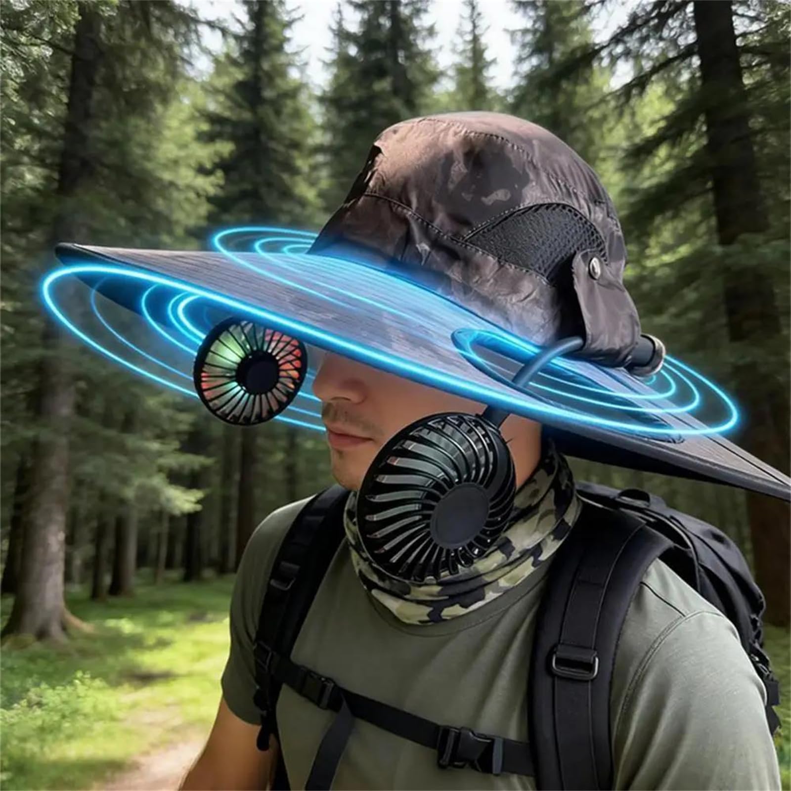 Cappello sole "bucket" con doppia ventola – cappello refrigerante 2 in 1 | con ventole rimovibili, pale luminescenti al buio, velocità regolabile e cappello da sole a tesa larga