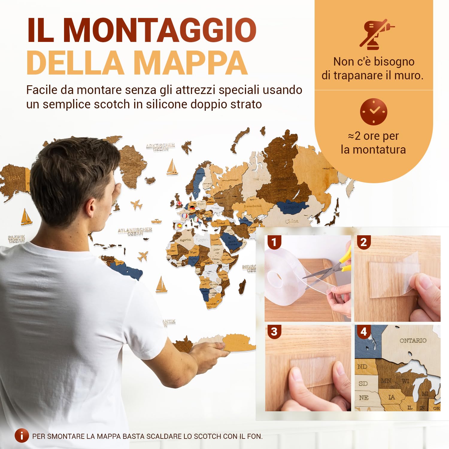 WOW WOOD Drewniana Mapa Świata - Italia (Wielokolorowy, 85.00 x 160.00 cms)