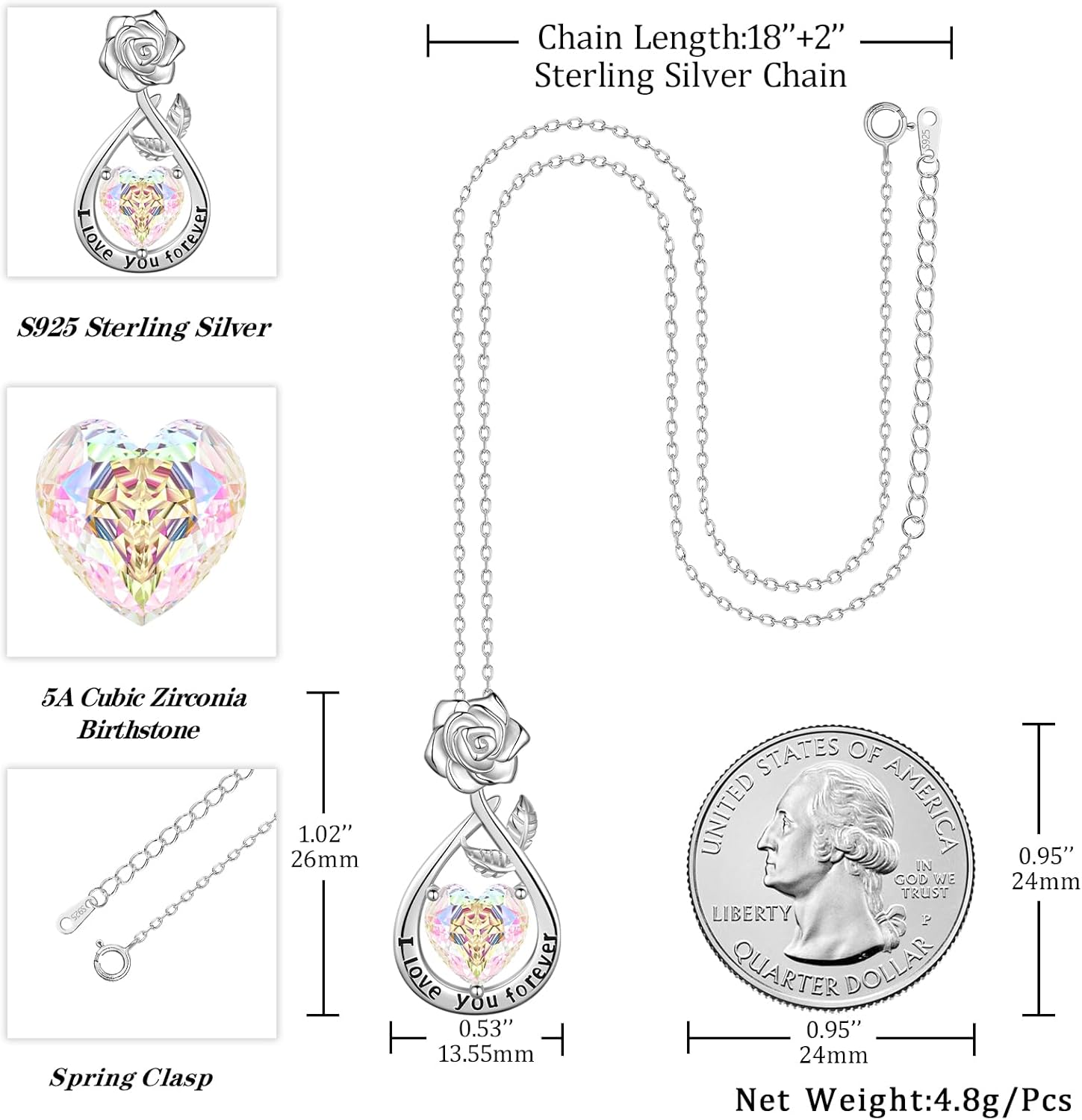 Aurora Tears Birthstone Rose Pendant Necklace - 925 Sterling Silver Rose Cut Heart Cubic Zirconia Love Infinity Drop Necklace Anniversary Birthday Jewelry Gift for Women Wife Mom Daughter - Image 4