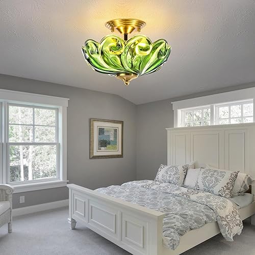 Miniatura 2 de HuixuTe Lámpara de techo moderna semiempotrada, 3 luces doradas para cerca del techo con pantalla de vidrio verde para sala de estar, entrada,