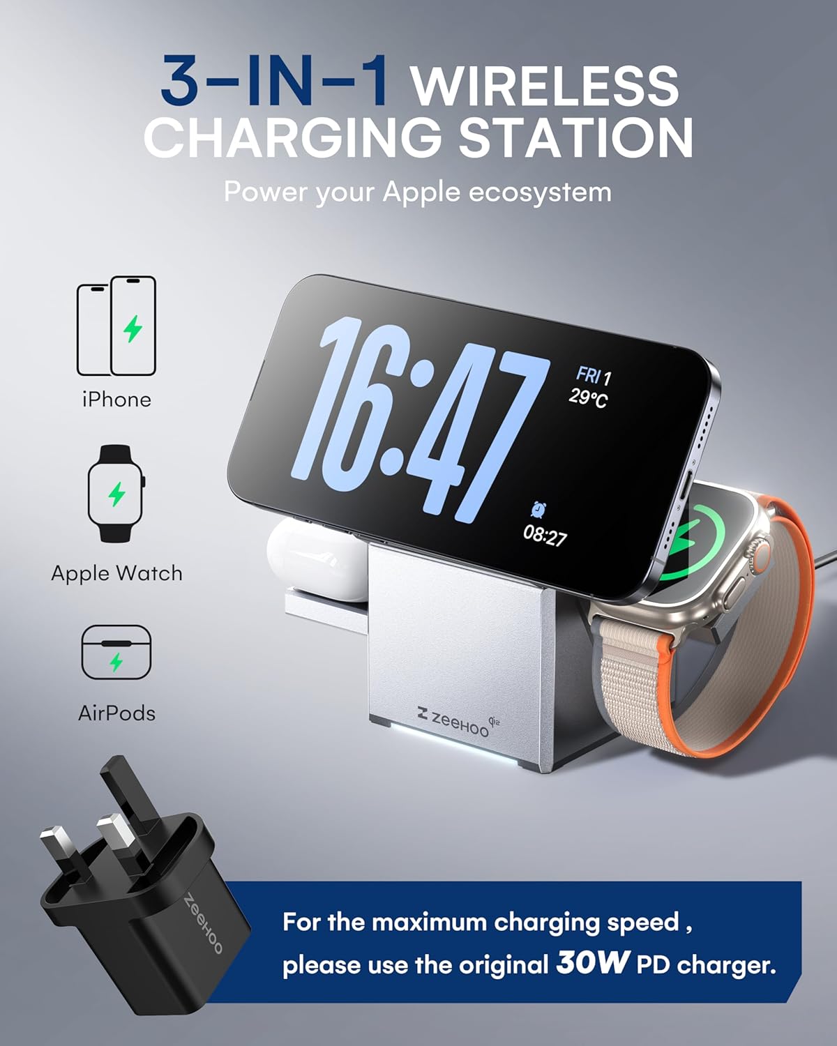 Zeehoo 3-in-1 Wireless Charging Station MagSafe Compatible thumbnail